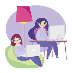 working remotely, young women in desk and chair with laptop and computer