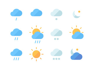 Weather icon set. Climatic changes in world heavy rainfall cold moderate clouds sunny month snowfall cloudy day clear weather at night, meteorological forecast. Vector flat icons.