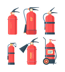 Fire extinguishers set. Autonomous chemical powder foam red flame extinguishers prevent risk fire with spray hose CO2 sticker instructions protecting safety of home warehouse. Vector cartoon style.