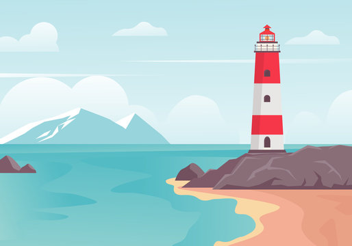 Lighthouse in bay on beach. Lighthouse tower on stone hill at edge of blue sea bay, white mountains on horizon clouds, illustration safe navigation travel. Vector color background.