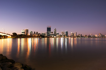 City in the Evening, Perth new Skyline with Refection over the River at the Sunset, Western Australia, Australia
