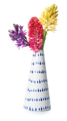 Vase with beautiful hyacinth flowers on white background