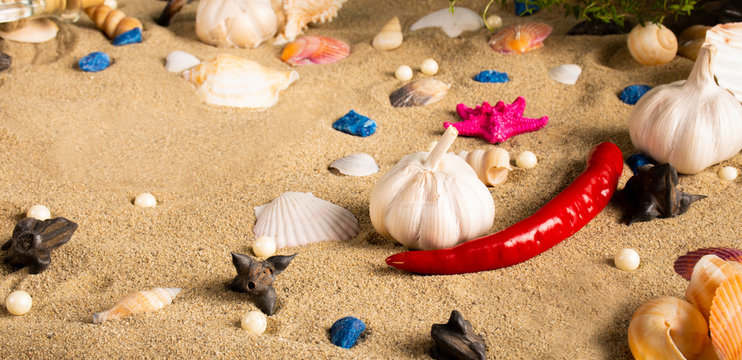 Seafood themed table setting background, no plate and space for copy text