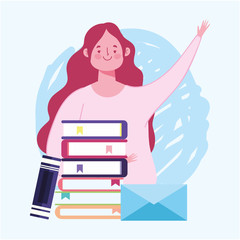 online education, teacher woman and stacked books and envelope