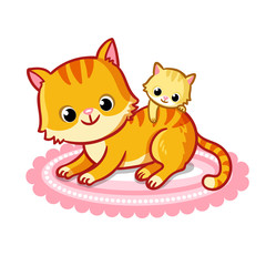 Cute cat with a kitten on a white background. Vector illustration with pets.