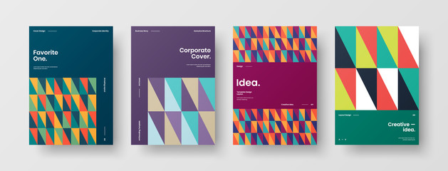 Company identity brochure template collection. Business presentation vector A4 vertical orientation front page mock up set. Corporate report cover abstract geometric illustration design layout bundle.