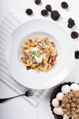Orecchiette pasta with ceps, cherry tomatoes, ricotta gratin, fresh truffles and wild mushrooms
