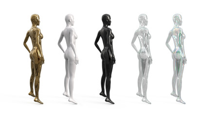 3d illustration of the figure of a female mannequin for a shop window of a fashion boutique. Side view. Female realistic plastic, glass and metal standing mannequin for clothes.