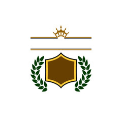 Obraz premium Shield with golden frame, green laurel wreath and ribbon with crown isolated on white background