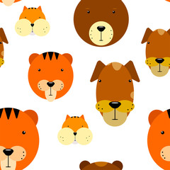 Seamless animalistic pattern. Kawaii animals bear, dog, tiger, hamster. Funny vector illustration on a white background in cartoon style. Cute animal faces for wallpapers, posters, wrapping paper