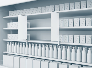 Shelves with shelf-stopper in a store or a shop. 3D rendering