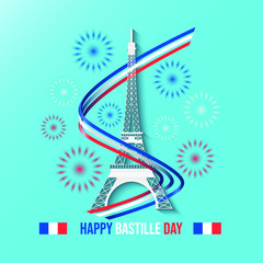 Vector illustration of Eifell tower, France flag, and fireworks, for Bastille Day.