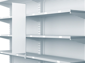 Shelves with shelf-stopper in a store or a shop. 3D rendering
