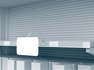 Shelves in the supermarket. Shelves with with shelf-stopper. 3D rendering
