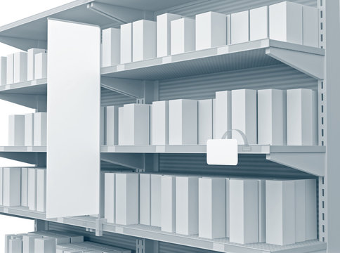 Shelves with shelf-stopper in a store or a shop. 3D rendering