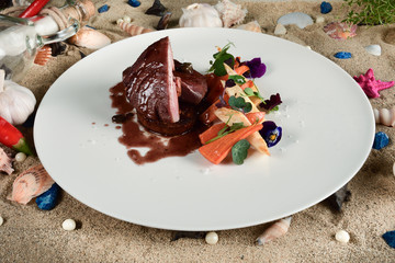 &ldquo;Drunken&rdquo; tuna in Marche style with vegetables. Fresh Food Catering Dining Eating concept