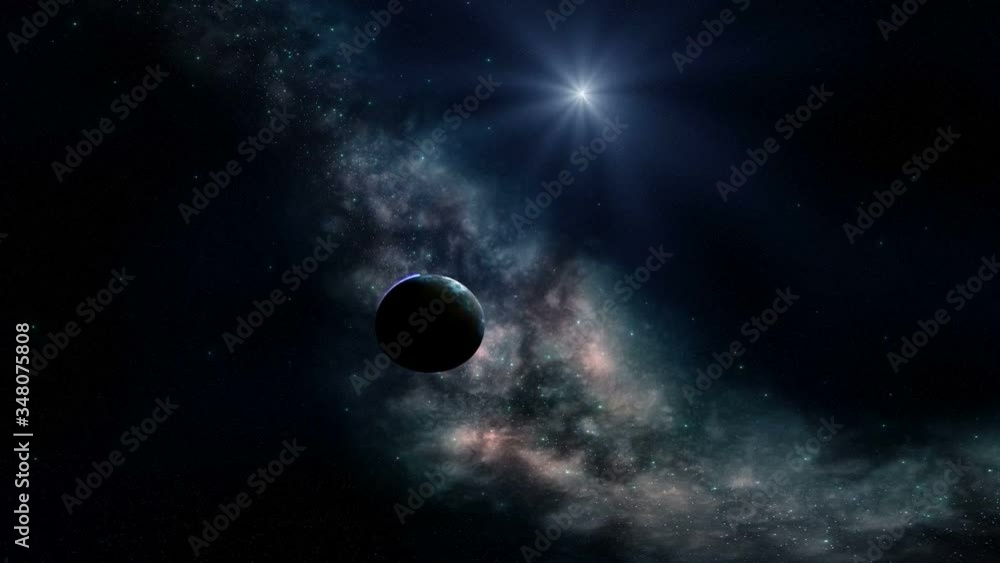 Wall mural alien planet and nebula. there are blue stars in the dark sky, a beautiful multi-colored nebula. a p
