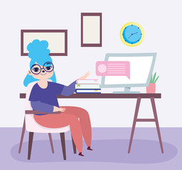 working remotely, girl with computer books on desk