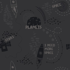 Seamless cute space pattern. It is good for baby clothes, baby bedding, wallpapers, notebook covers, etc.