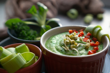Healthy food with fresh green vegetables in a consistency of spinach and broccoli strips