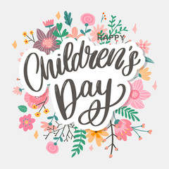 happy children's day, cute vector greeting card with funny letters in scandinavian style and cartoon landscape