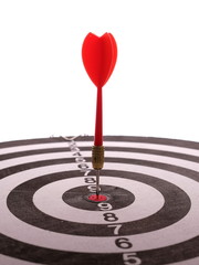 Darts and arrows. Hitting target, success business concept. White isolated