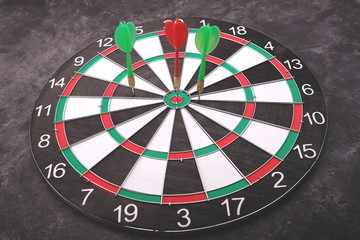 Darts and arrows. Hitting target, success business concept