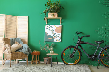 Interior of modern room with stylish bicycle