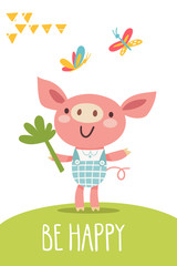 Obraz na płótnie Canvas Funny cartoon be happy hand drawn poster with pig