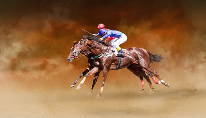 Two racing horses neck to neck in fierce competition for the finish line