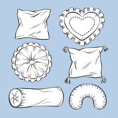 Set of different shapes of pillows. Hand drawn sketch vector illustration