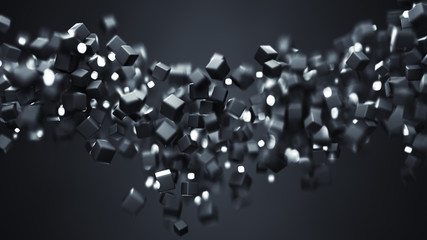 Stream of floating black cubes 3D rendering illustration