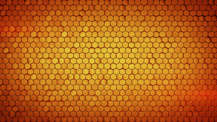 Wall of small orange hexagons 3D rendering