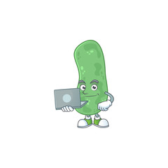 Diligent enterobacteriaceae mascot design style working from home with laptop