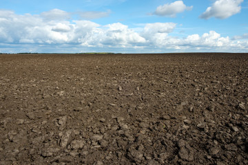 plowed field to the horizon line in the sky clouds