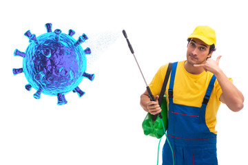 Disinfection concept with person fighting coronavirus