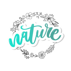 Natural product sticker - handwritten modern calligraphy on grunge green paint strokes. Eco friendly concept for stickers, banners, cards, advertisement. Vector ecology nature design.