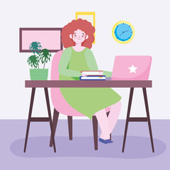working remotely, young woman with laptop and books in desk