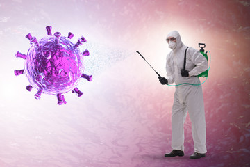 Disinfection concept with person fighting coronavirus
