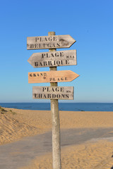 wooden panel in the sand indicating in french the name of different beaches