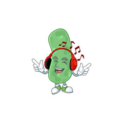 Cartoon mascot design enterobacteriaceae enjoying music with headset