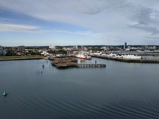 Southampton, UK - May 05, 2020: view on the cargo and cruise ship port buildings infrastructure from the cruise ship