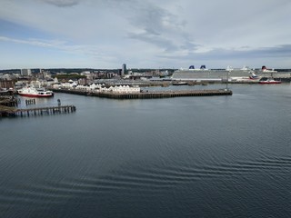 Southampton, UK - May 05, 2020: view on the cargo and cruise ship port buildings infrastructure from the cruise ship
