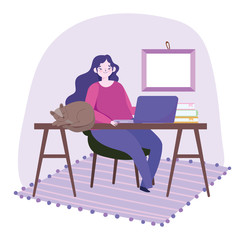 working remotely, young woman with laptop and cat in desk work
