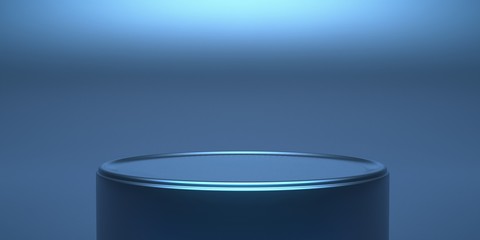 Pedestal for display empty, round shape, dark blue color. 3d illustration