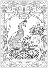 Poster with peacock and roses in art nouveau style, vintage, old, retro style. In Art deco style. Coloring page for the adult coloring book. Outline hand drawing vector illustration. .
