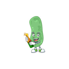 Mascot cartoon design of enterobacteriaceae making toast with a bottle of beer