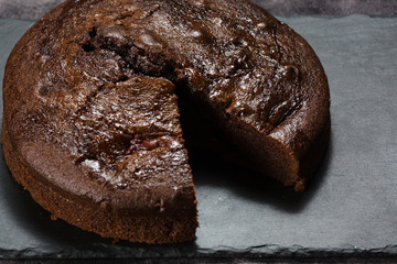 Beautiful tasty chocolate cake close up shoot