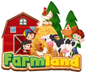 Font design for farmland with happy children and animals