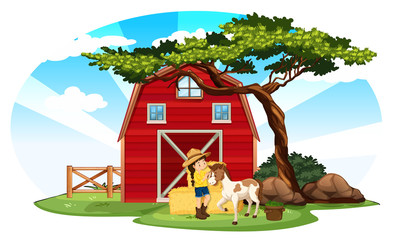 Obraz na płótnie Canvas Farm scene with girl and pony on the farm